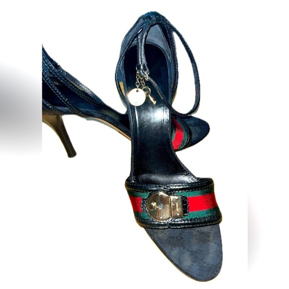GUCCI GG & Black Leather And Web
Ankle Strap Sandals Size 10B - Picture 1 of 15